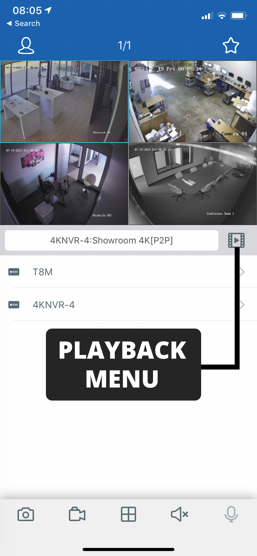 Navigate to the playback menu in the EyeCam app
